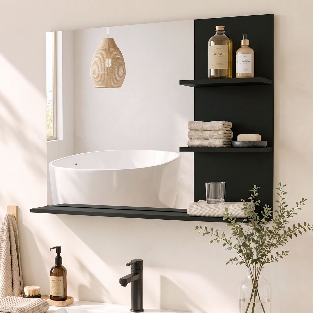Miroir Salle de Bain avec 3 Étagères 60 x 48 cm, Miroir Mural Modern pour chambre à coucher, bureau, Noir-5