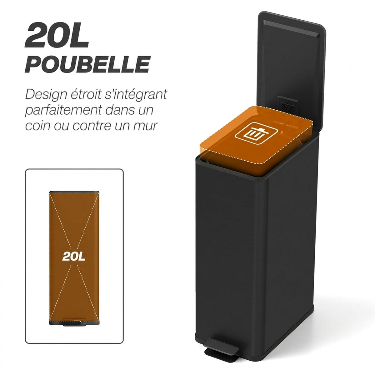 Poubelle de Cuisine 20L en Acier Inoxydable, Couvercle à Fermeture Douce, Compacte avec Seau Intérieur Amovible, Noir-3