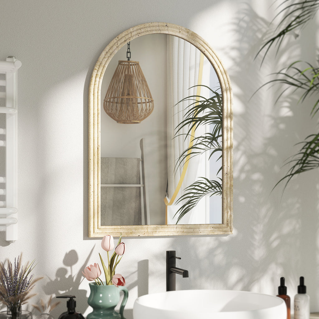 Miroir Mural Arqué, Miroir Moderne avec Bord Rainuré et Crochets, Verre Trempé et Polystyrène, 60 x 90 cm, Beige-9