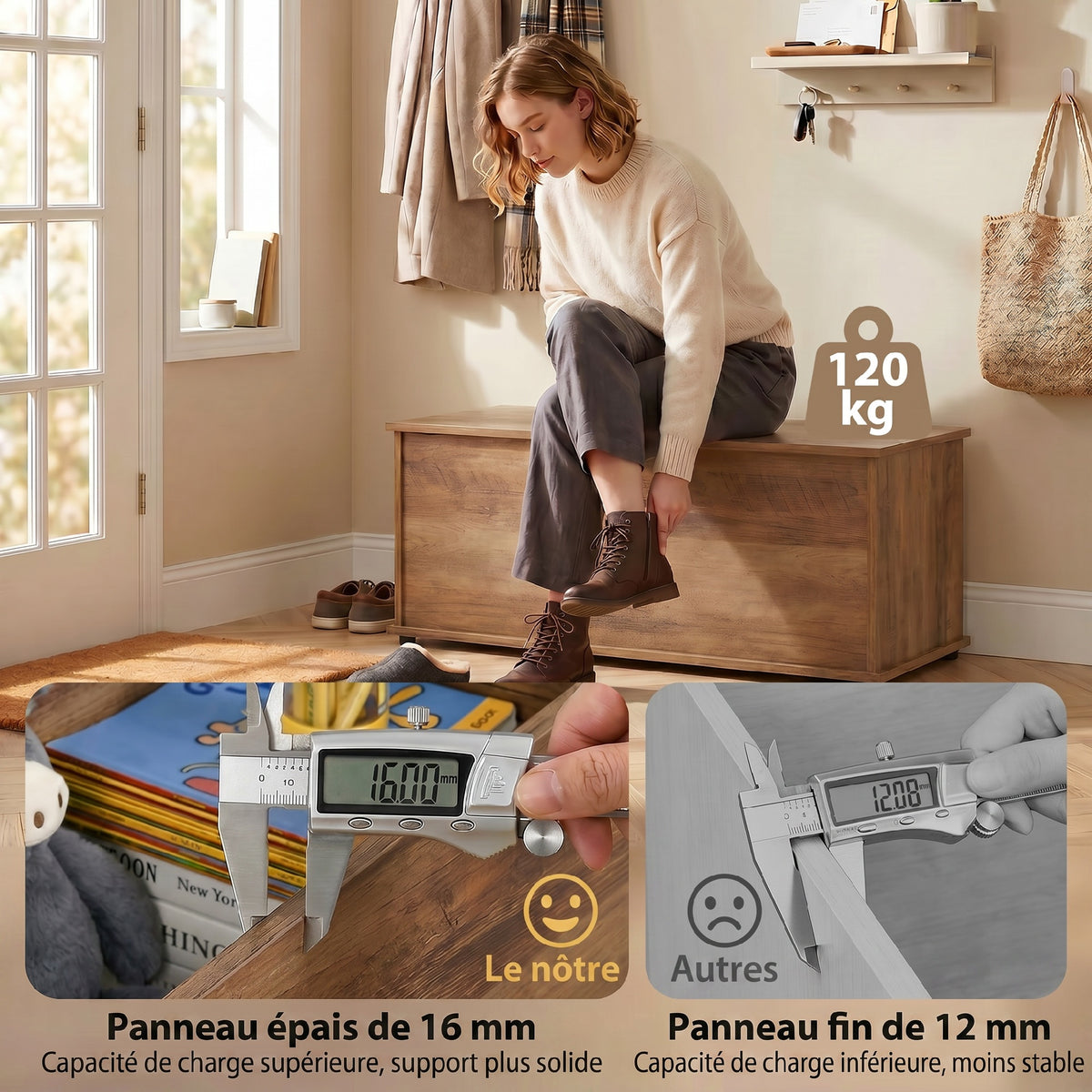 Coffre de rangement, banc de rangement avec couvercle rabattable et charnières de sécurité, 100 x 40 x 40 cm, marron-5