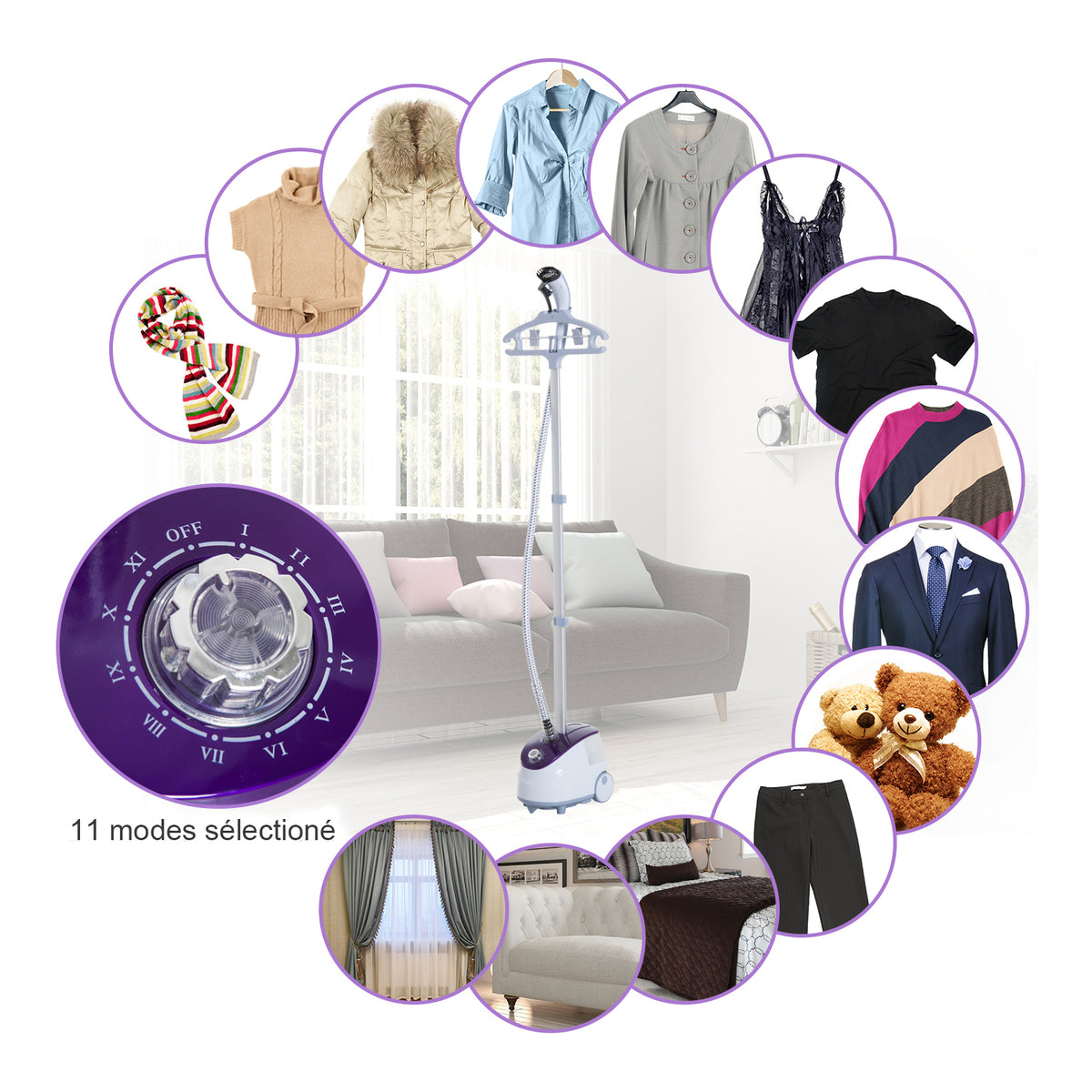 Défroisseur Vapeur Vertical Défroisseur à Vêtements 1,8 L 1800 W, Débit Vapeur 30g/min, Tige Télescopique, Blanc Violet-4