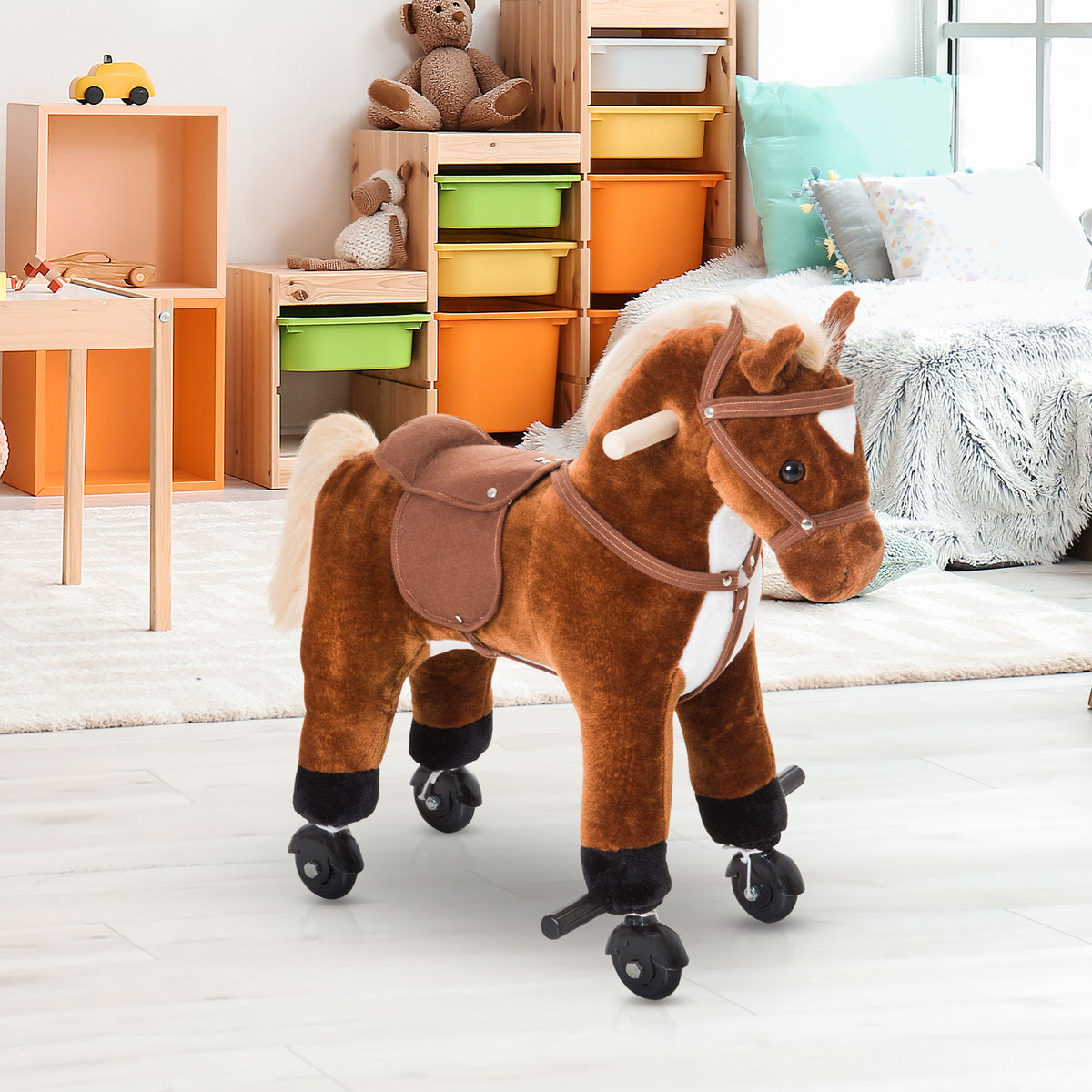 Jouet cheval pour enfant de +24 mois avec 4 roulettes, effet sonore, repose-pieds et guidon, 55x23x60 cm Marron-9