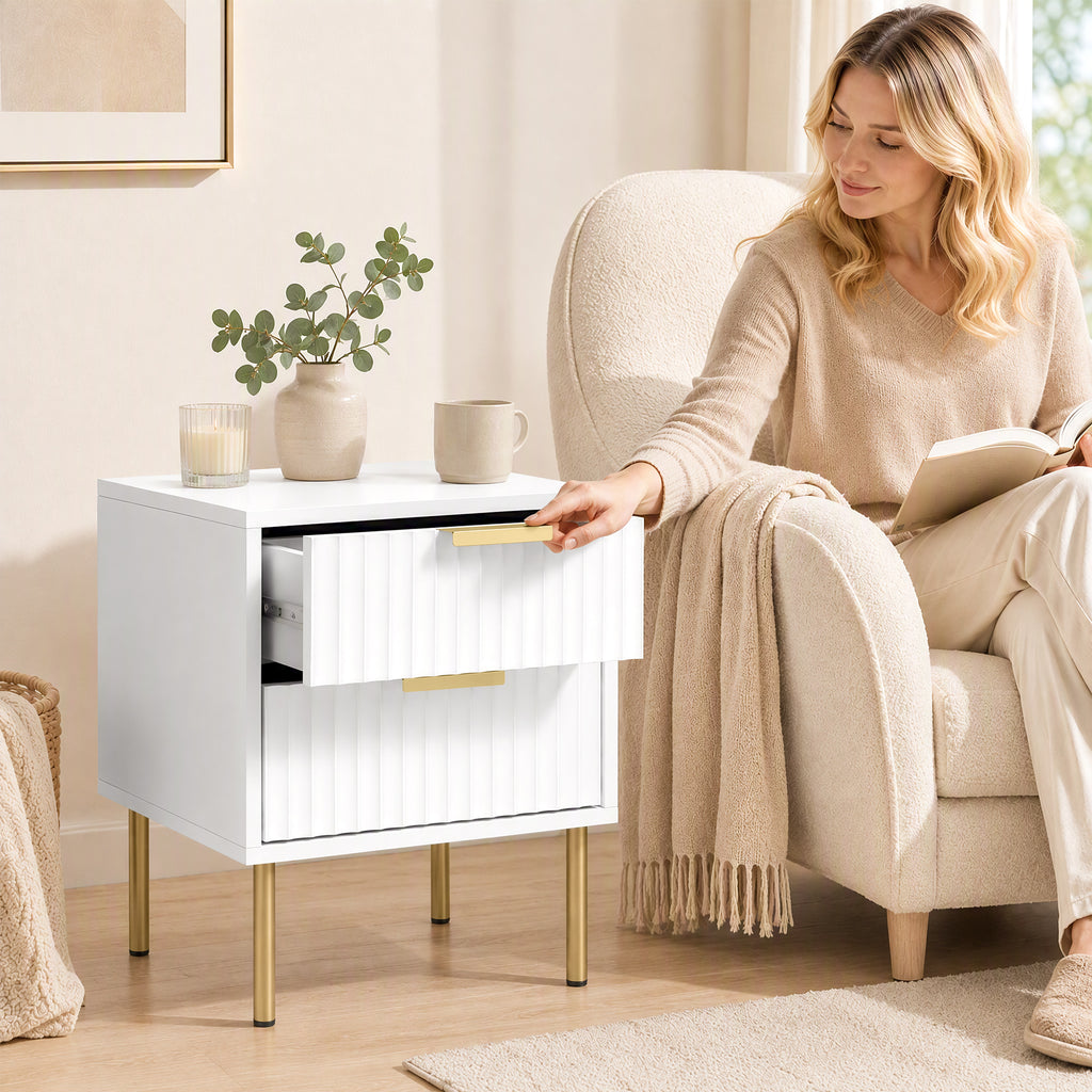 Table de chevet, table de nuit cannelée avec 2 tiroirs et pieds en acier, pour chambre à coucher, salon, blanc-7