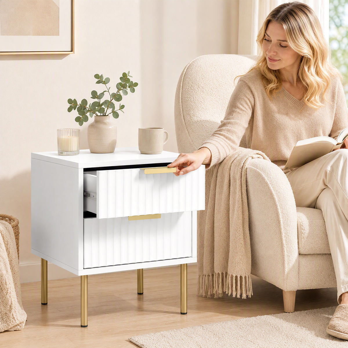 Table de chevet, table de nuit cannelée avec 2 tiroirs et pieds en acier, pour chambre à coucher, salon, blanc-7