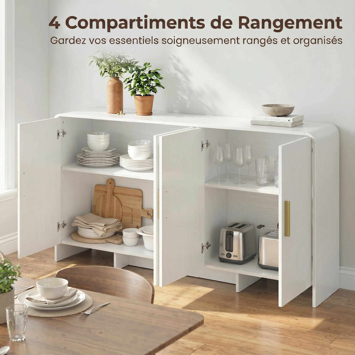 Buffet cuisine, meuble de rangement avec 4 portes à fermeture douce, 4 compartiments et bords arrondis, 152x40x80cm, blanc-4
