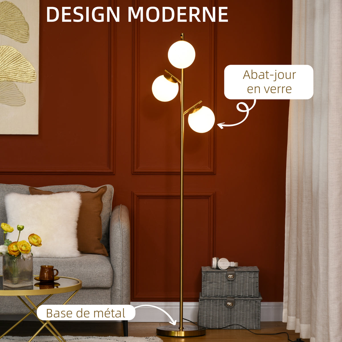 Lampadaire sur pied salon en métal avec 3 abat-jours globe blanc verre dépoli 40W Ø 27 x 169H cm doré-3