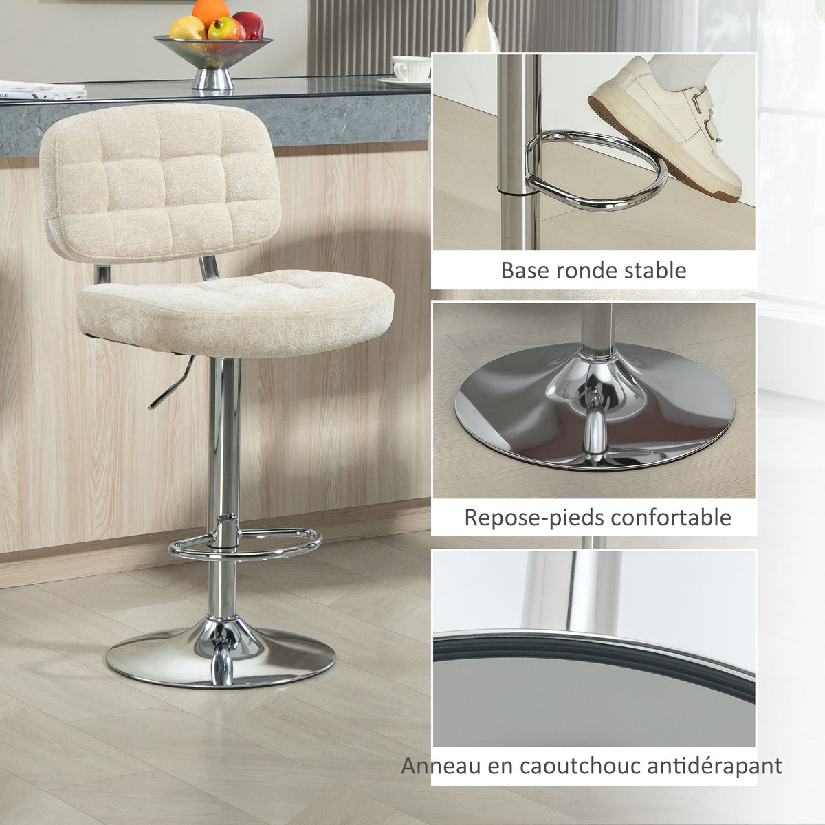Lot de 2 tabourets de bar avec dossier, hauteur réglable et repose-pieds, cadre en acier, charge 120 Kg, beige-7
