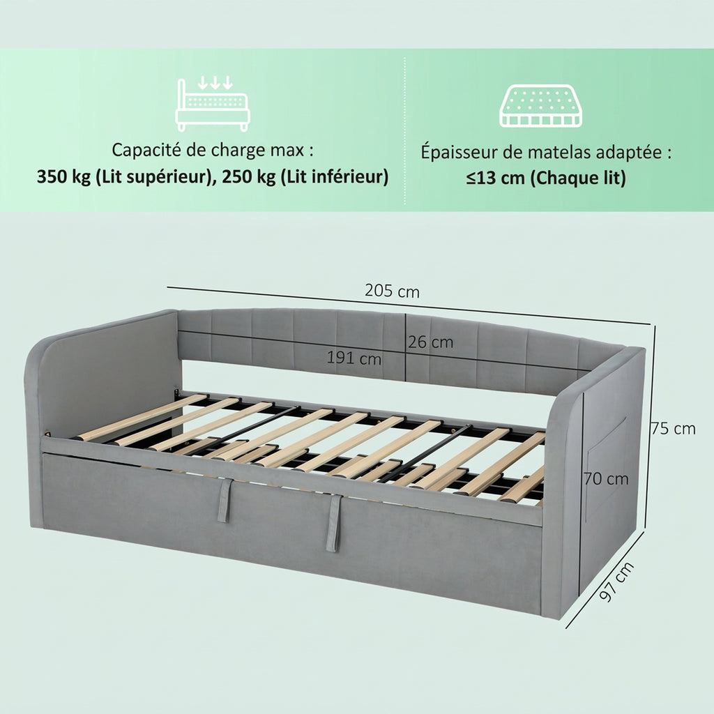 Lit Gigogne 90/180x190 cm, Canapé Lit Convertible 3 Places, Sommier à Lattes en Bois, Tête Rembourrée en Velours, Gris-2