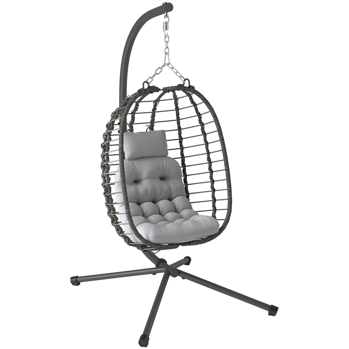 Fauteuil suspendu pliable en résine tressée avec support, coussin et oreiller hauteur réglable, gris-0