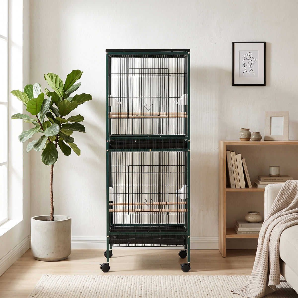 Grande Cage à Oiseaux sur pied double avec mangeoires perchoirs plateau amovible roulettes - Dim. 51,5L x 50l x 140H cm-1