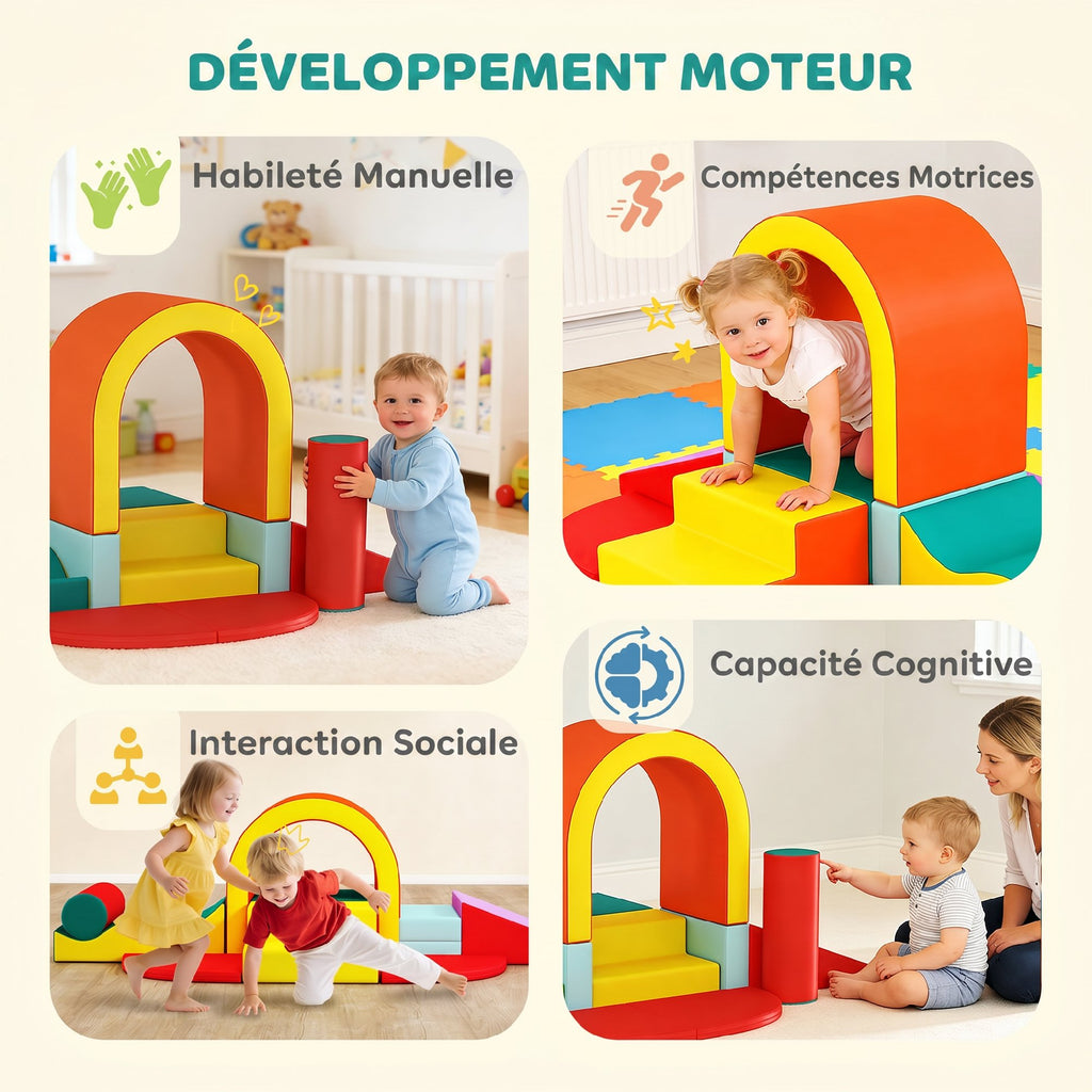 Parcours motricité bébé 10PCS, module motricité bébé en mousse EPE avec housse en revêtement PU, multicolore-8