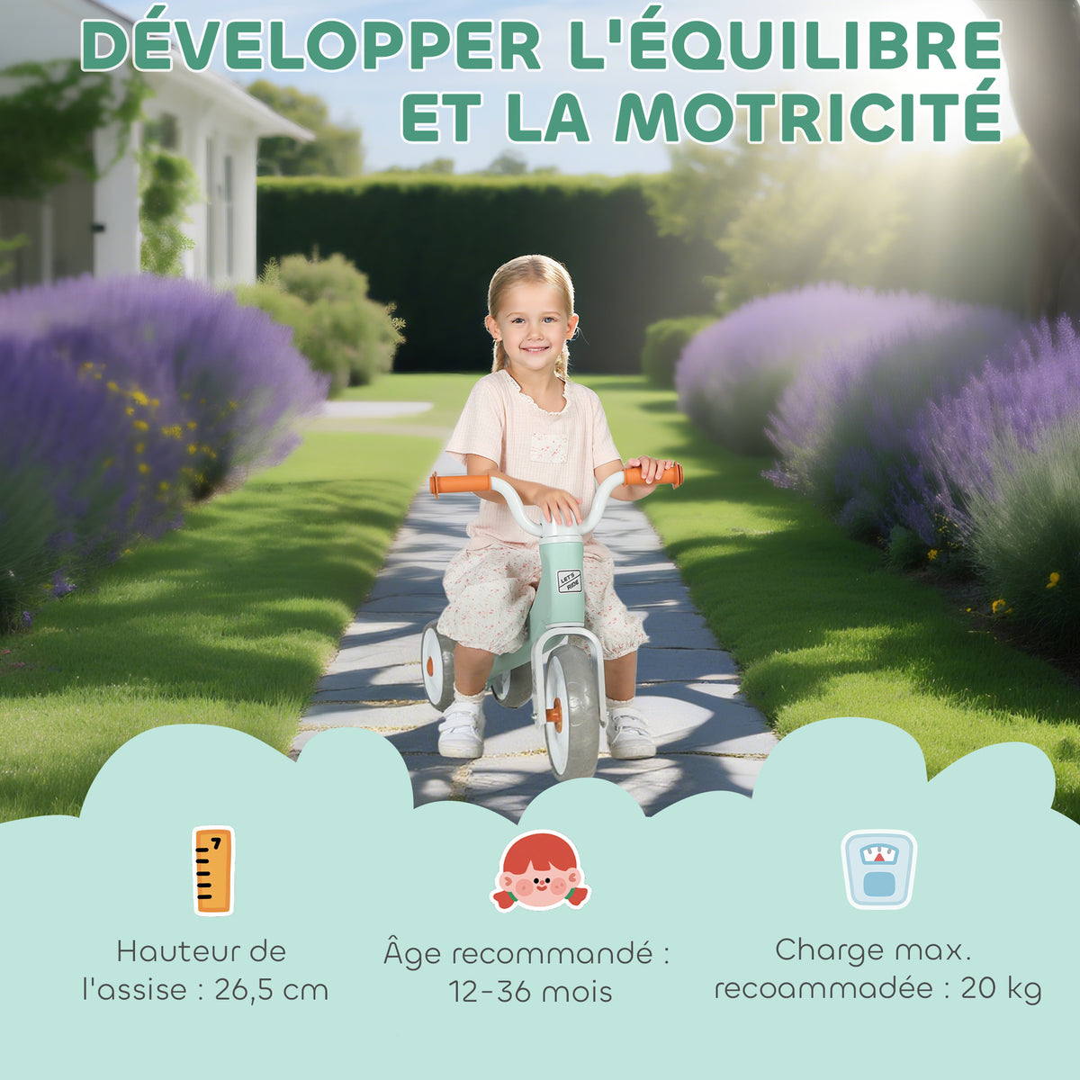 Draisienne bébé 1-3 ans jusqu'à 20 kg, vélo enfants sans pédale, 3 roues silencieuses, 69 x 40 x 49 cm, vert-3