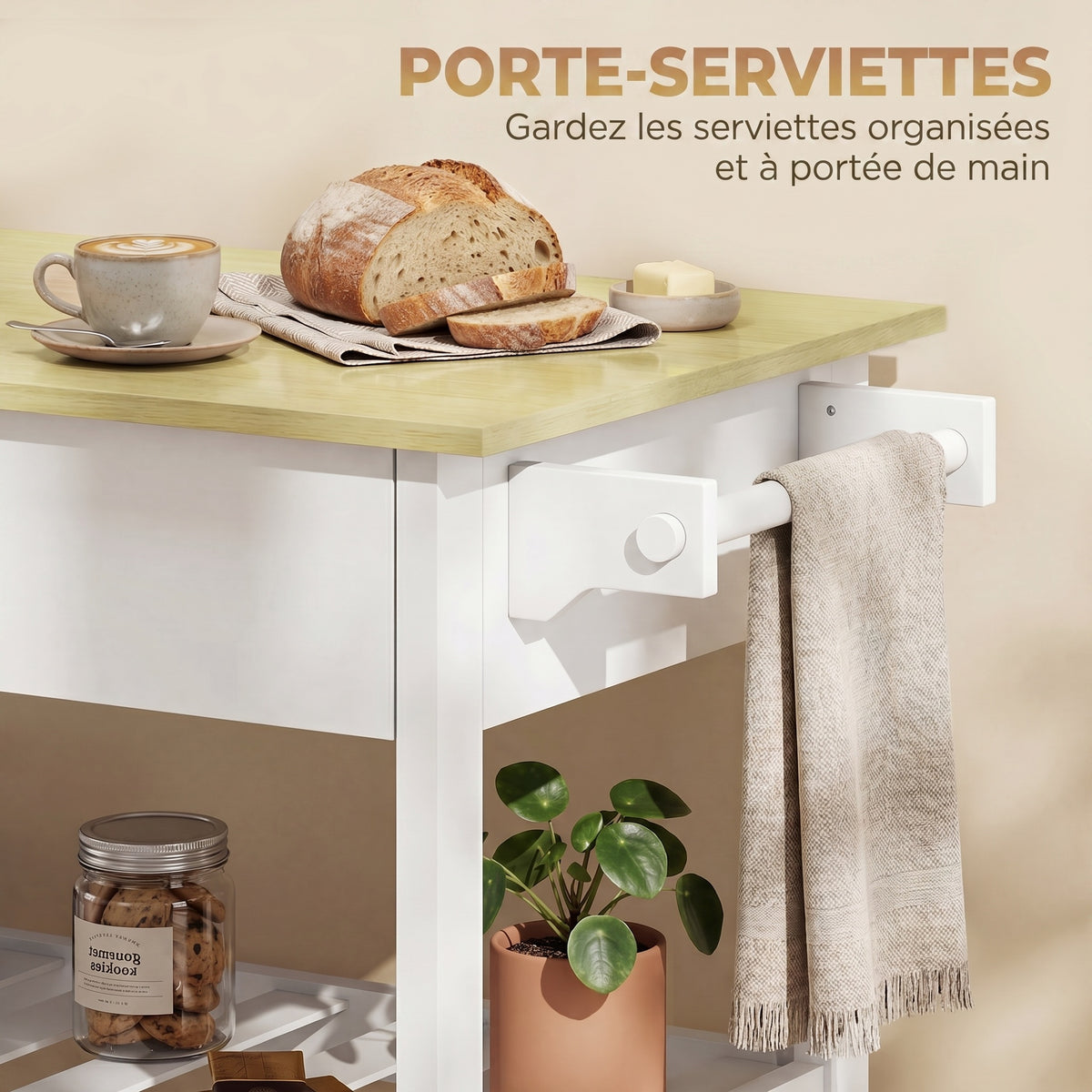 Desserte de cuisine à roulettes, îlot central cuisine avec plan de travail, tiroir, étagères, porte-serviettes, blanc-5