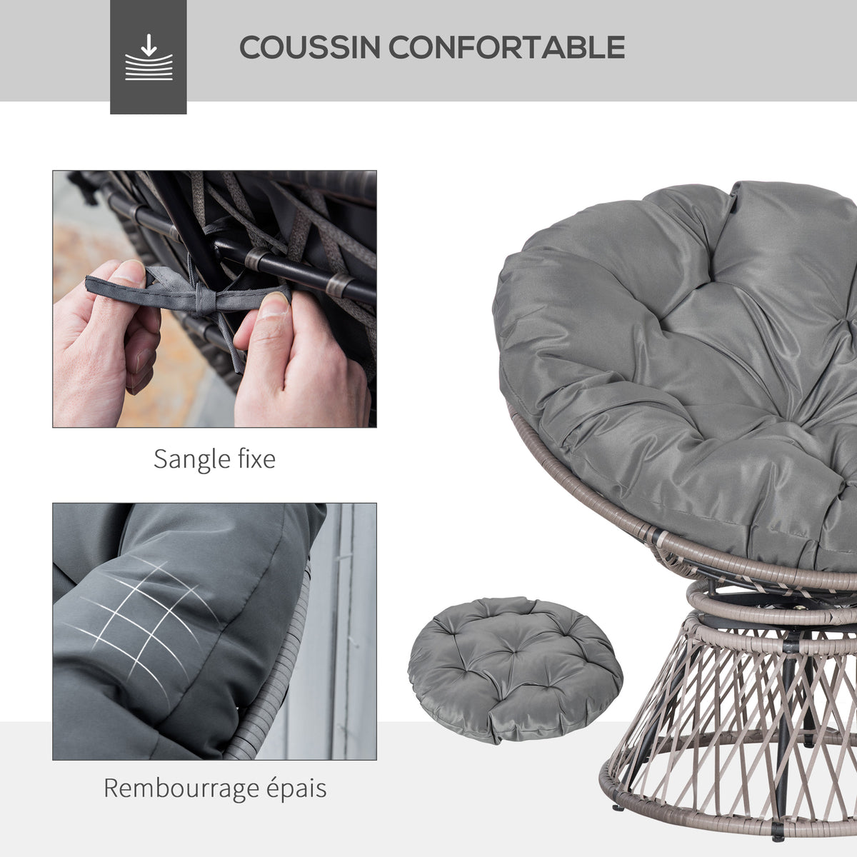 Fauteuil rond de jardin fauteuil papasan pivotant Ø 97 x 86H cm grand coussin fourni polyester résine tressée-4