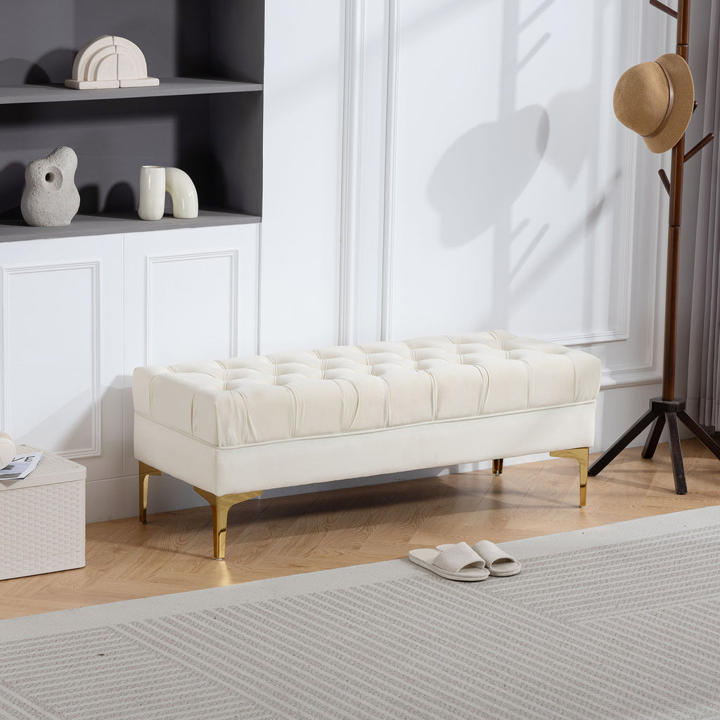 Banc banquette capitonnée bout de lit style classique chic dim. 118L x 45l x 42H cm piètement métal doré velours beige-7