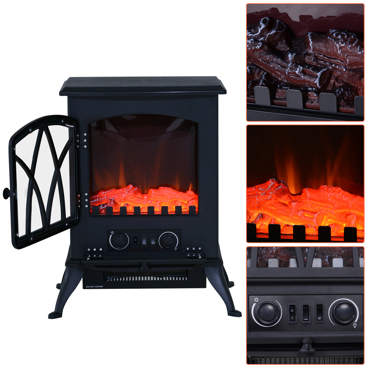 Cheminée électrique sur pied 1000/2000 W, fausse cheminée décorative avec effet flamme LED, protection contre la surchauffe, zone de couverture 15-30 m², noir-6
