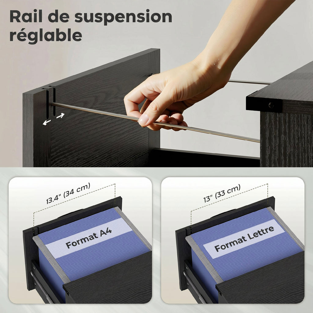 Caisson de Bureau avec 2 Tiroirs, Dossiers Suspendus pour Formats Lettre/A4, Style Rustique, 40x40x71cm, Noir-5