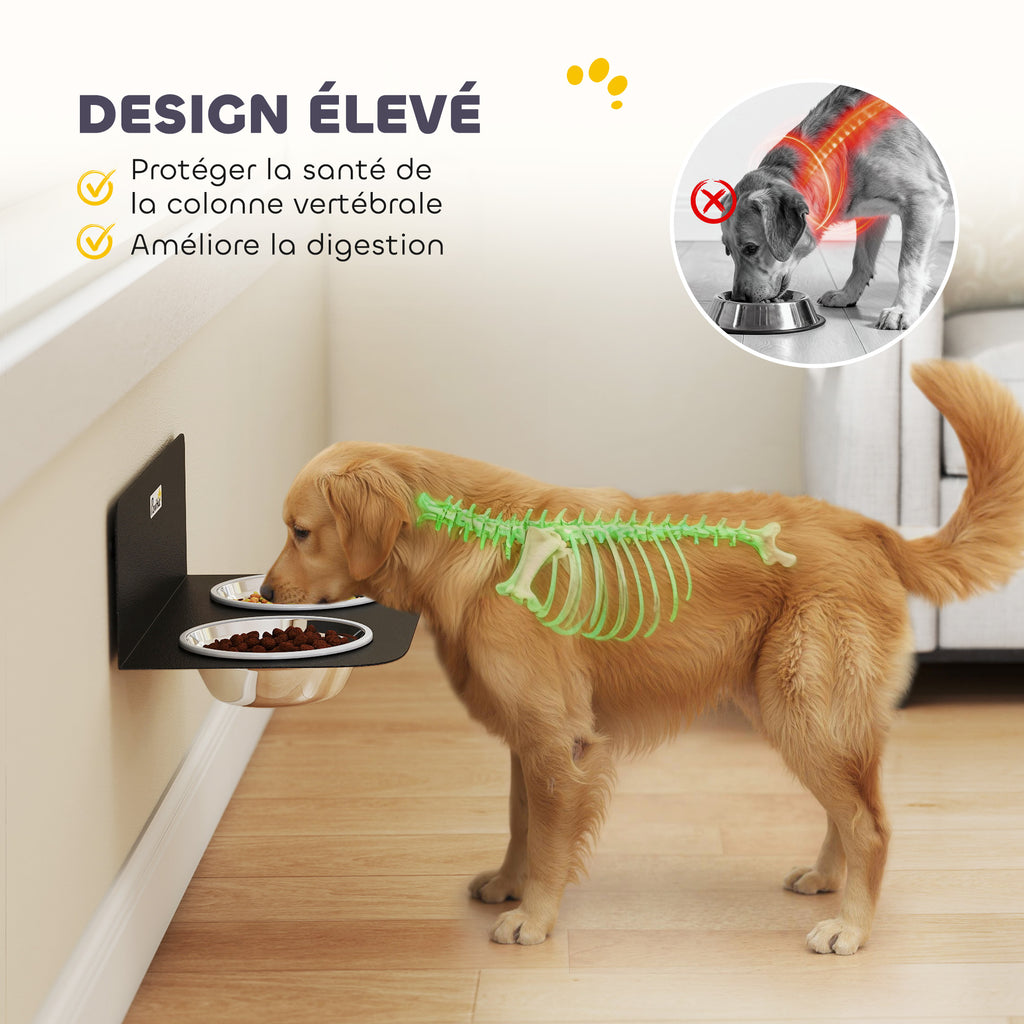 Gamelle Bol pour Chien Double Gamelle Support Mural 2 Bols Acier Inox 800ml Hauteur Réglable 42x23,5x14cm Noir-4