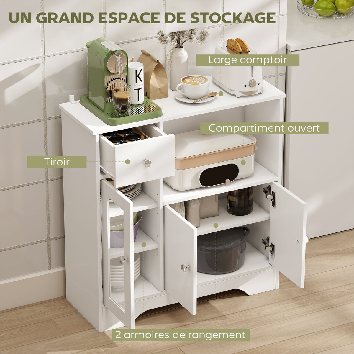 Buffet de cuisine moderne avec porte en verre, tiroir, grande niche et étagères réglables 80 x 30 x 82 cm blanc-3