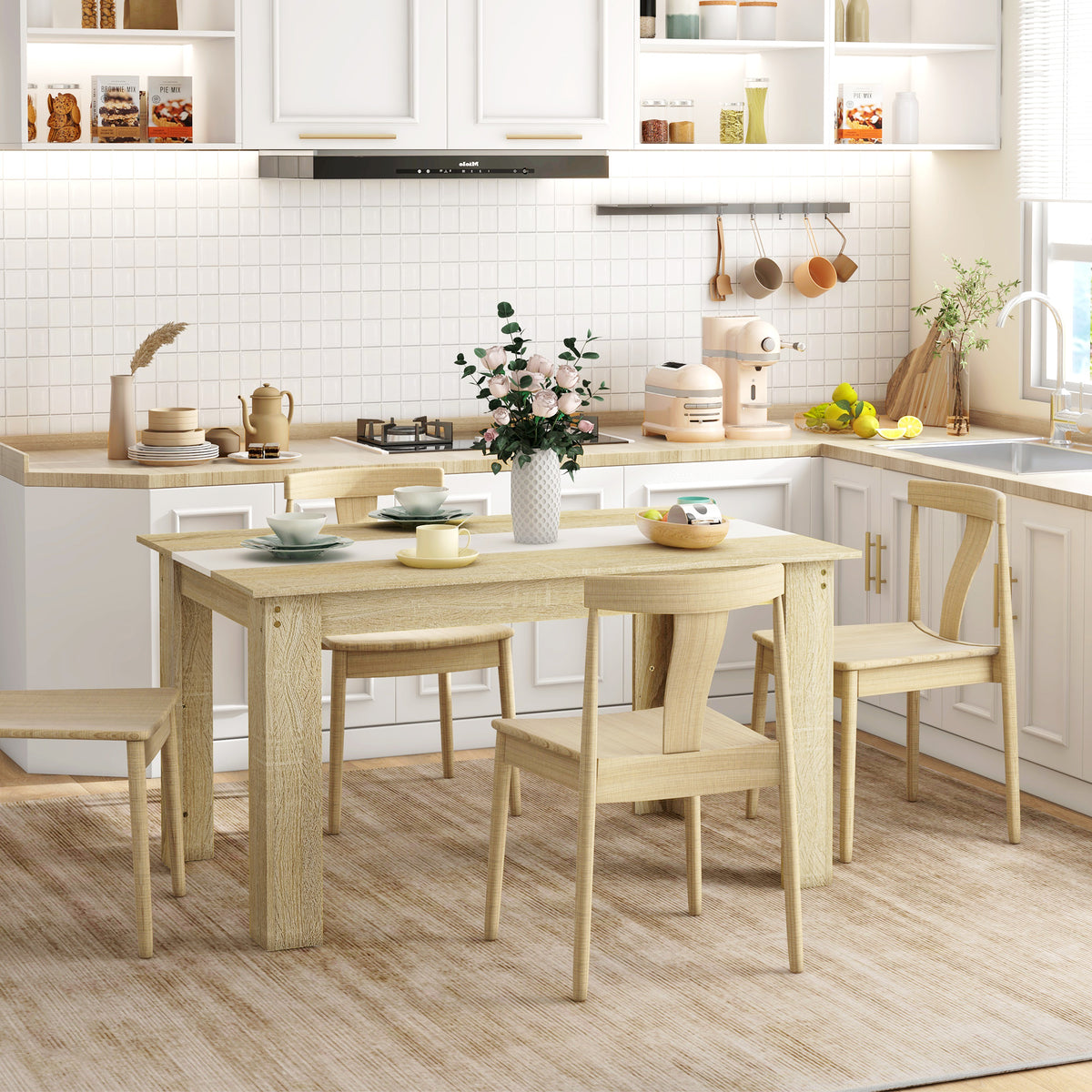 Table de salle à manger pour 6 personnes en bois aspect naturel et blanc, dim. 140L x 90l x 75H cm-5