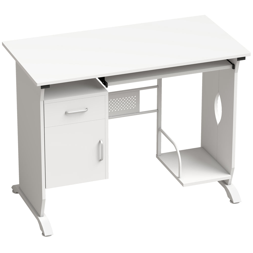 Bureau d'ordinateur, 100 x 52 x 75 cm, tablette coulissante pour clavier, tiroirs et support d'unité centrale, blanc-0