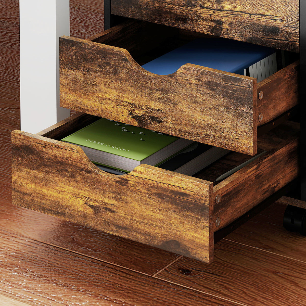 Caisson bureau mobile, meuble rangement sur roulettes avec 5 tiroirs, bois, 40 x 40 x 67 cm, marron-8