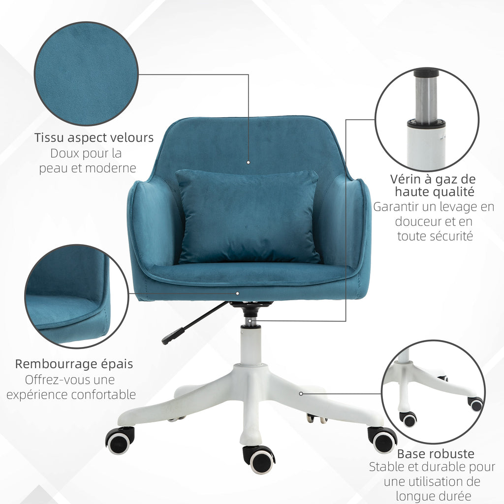 Chaise de bureau velours fauteuil bureau massant coussin lombaire intégré hauteur réglable pivotante 360° bleu-6