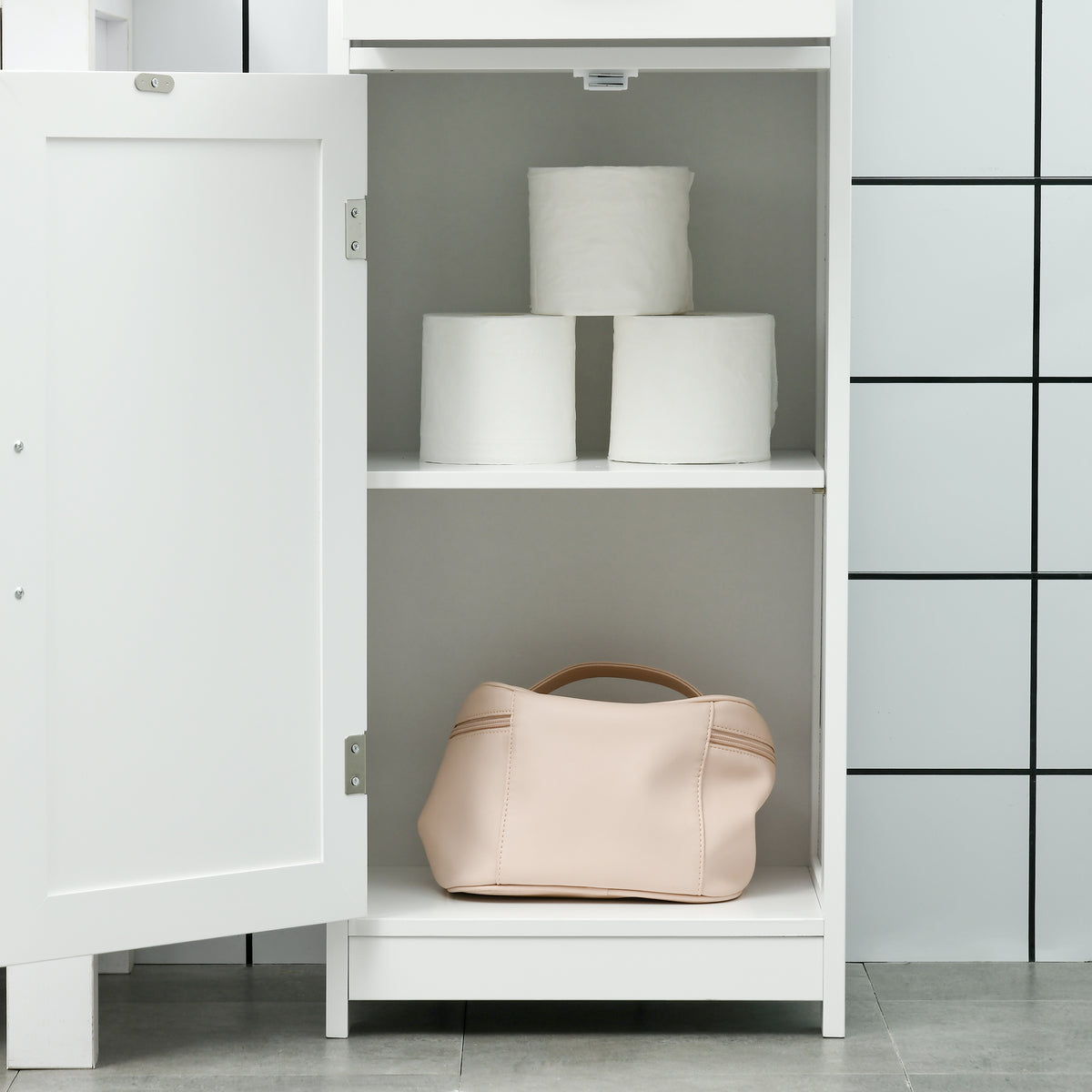 Meuble salle de bain colonne avec 3 compartiments ouverts, tiroir et étagère réglable, 40 x 30 x 164 cm, blanc-8