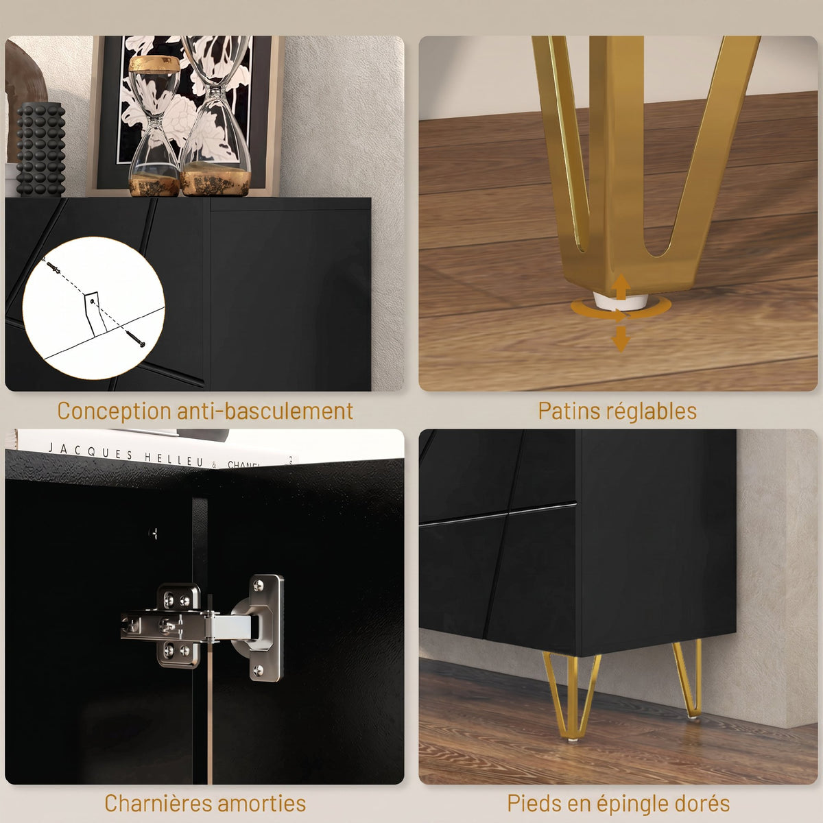 Buffet Salon, Meuble de Rangement à Haut Brillance, 3 Portes à Fermeture Douce et Étagères Réglables, 120x40x75cm, Noir-6