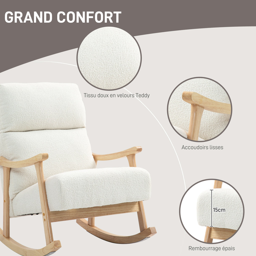 Fauteuil à bascule, rocking chair en velours teddy avec assise rembourré, dossier ergonomique, 65 x 90 x 98 cm, crème-5