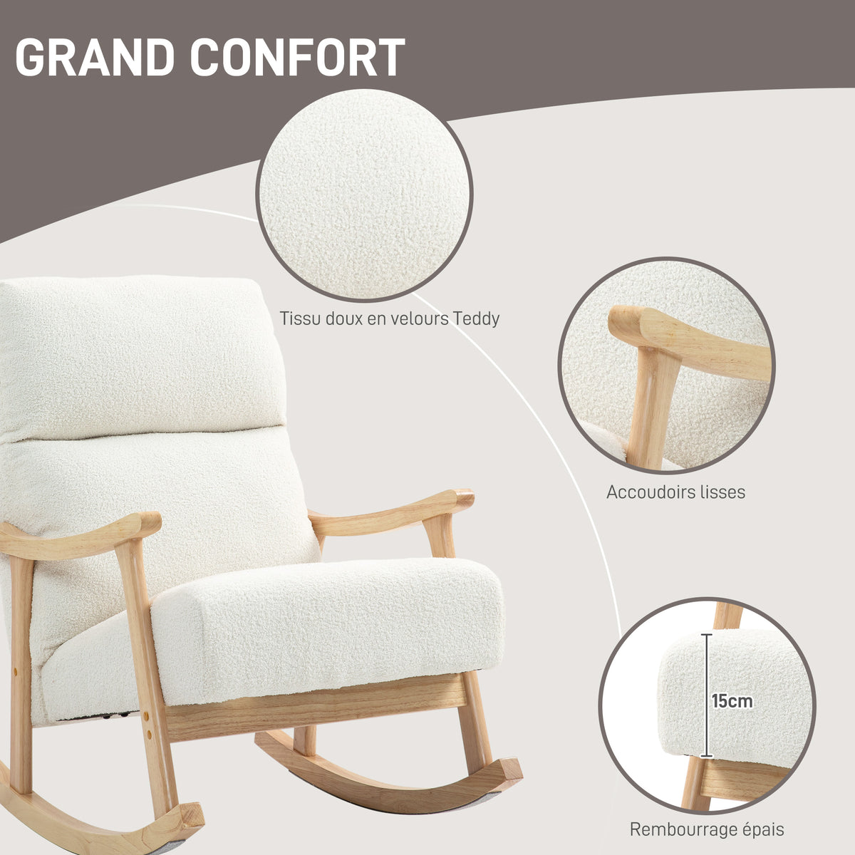 Fauteuil à bascule, rocking chair en velours teddy avec assise rembourré, dossier ergonomique, 65 x 90 x 98 cm, crème-5