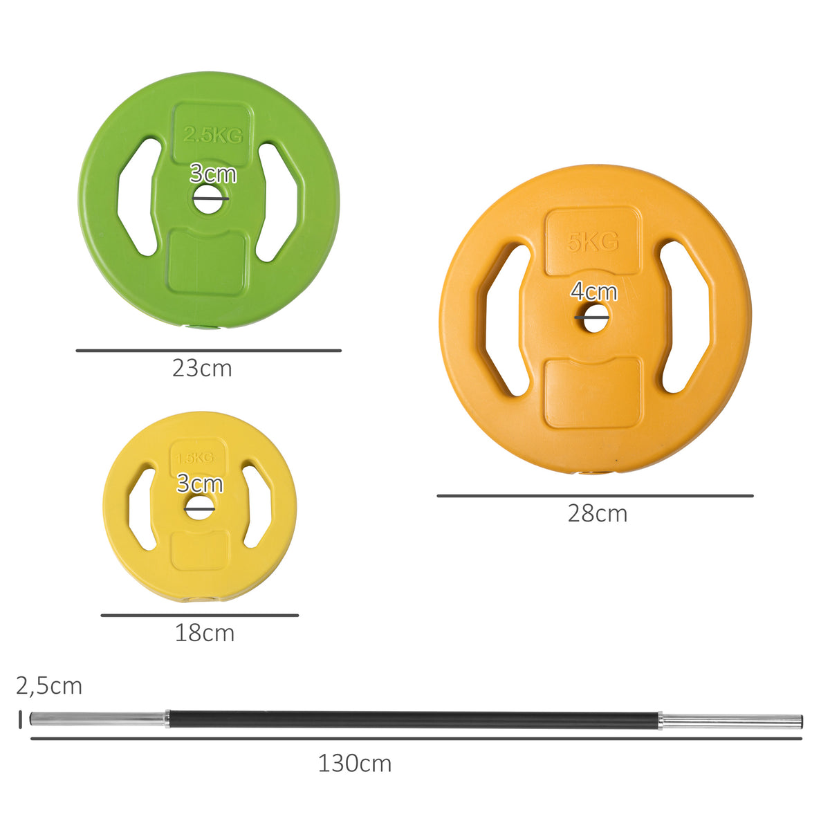 Ensemble haltères et barre 20 kg avec 6 haltères disques de 1,5 kg, 2,5 kg et 5 kg gym musculation orange vert et jaune-2