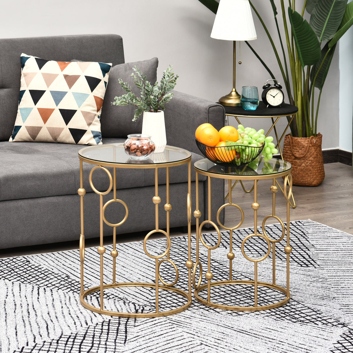 Tables gigognes Lot de 2 Tables Basses Rondes Design Style Art déco Ø 41 et Ø 36 cm métal doré Verre trempé 5 mm-9