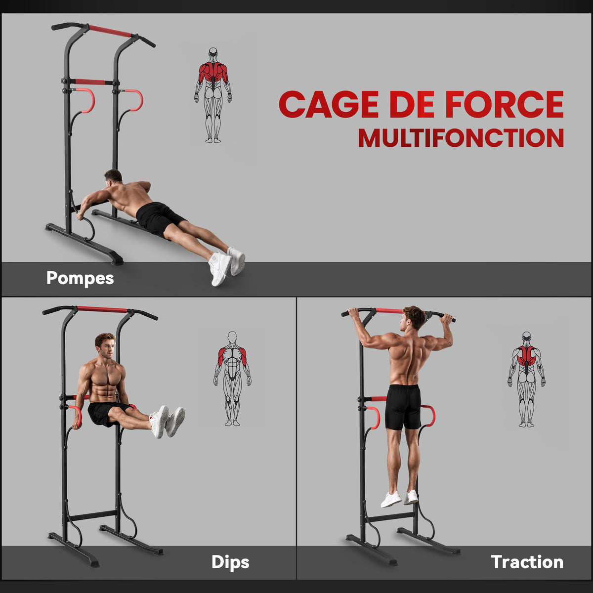Station de musculation multifonctions barre de traction chaise romaine hauteur réglable acier noir rouge-3