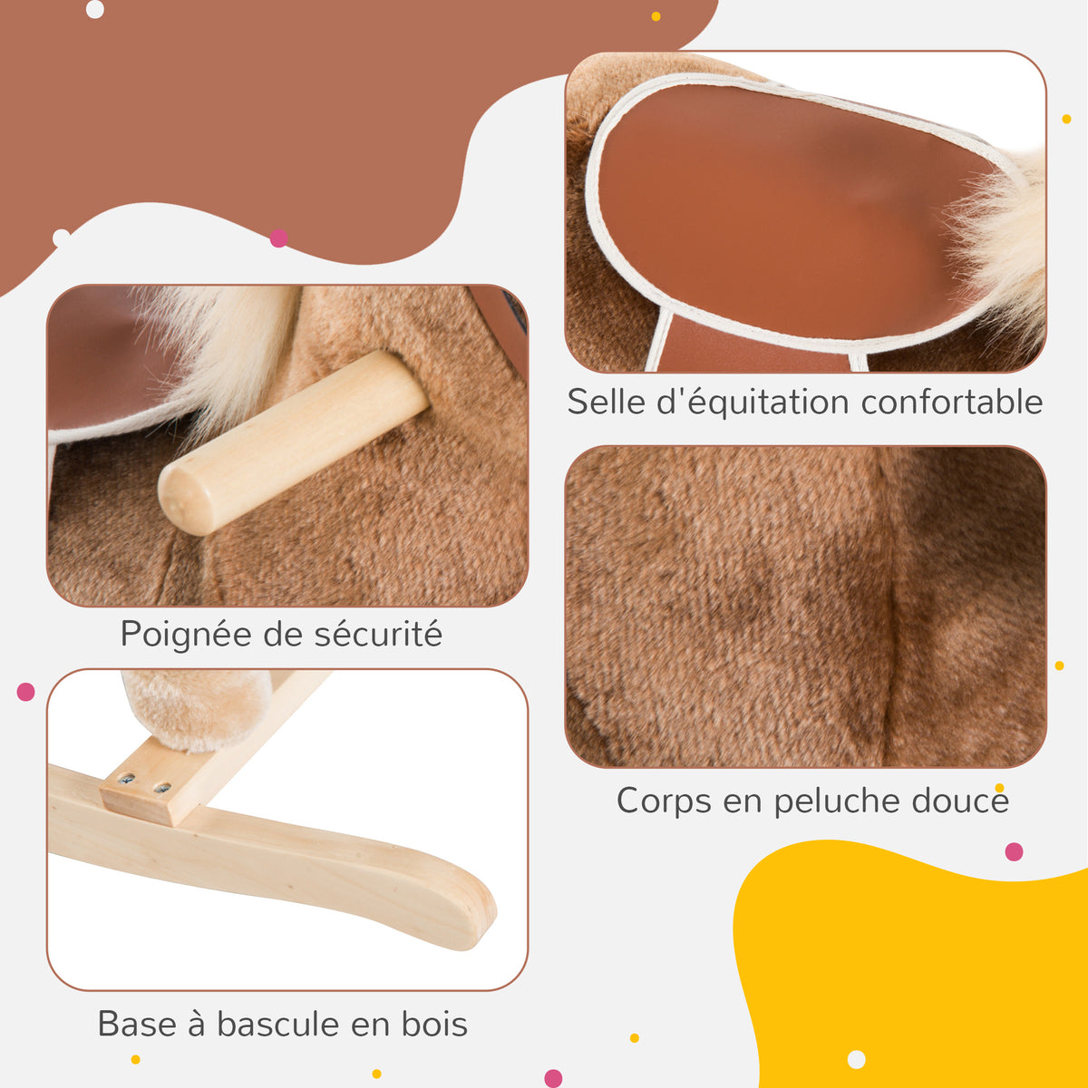 Cheval à Bascule Cheval de Cowboy Selle Grand Confort pour Enfants de 36+Mois Peluche Courte Douce Bois peuplier Charge 40 Kg Brun Blanc-4