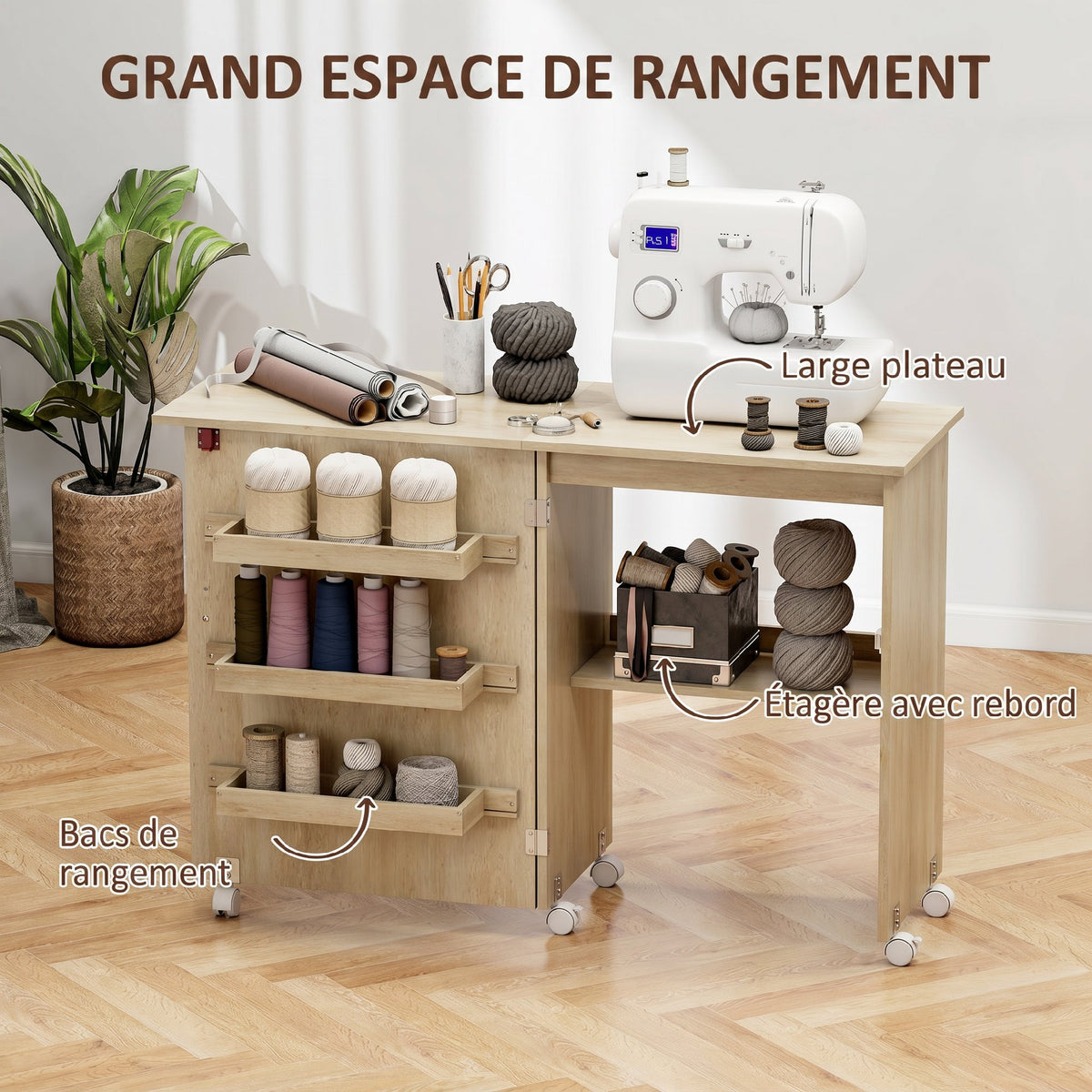 Table de couture pliante meuble couture à abattant avec bacs de rangement, étagère ouverte et roulettes, bois naturel-4