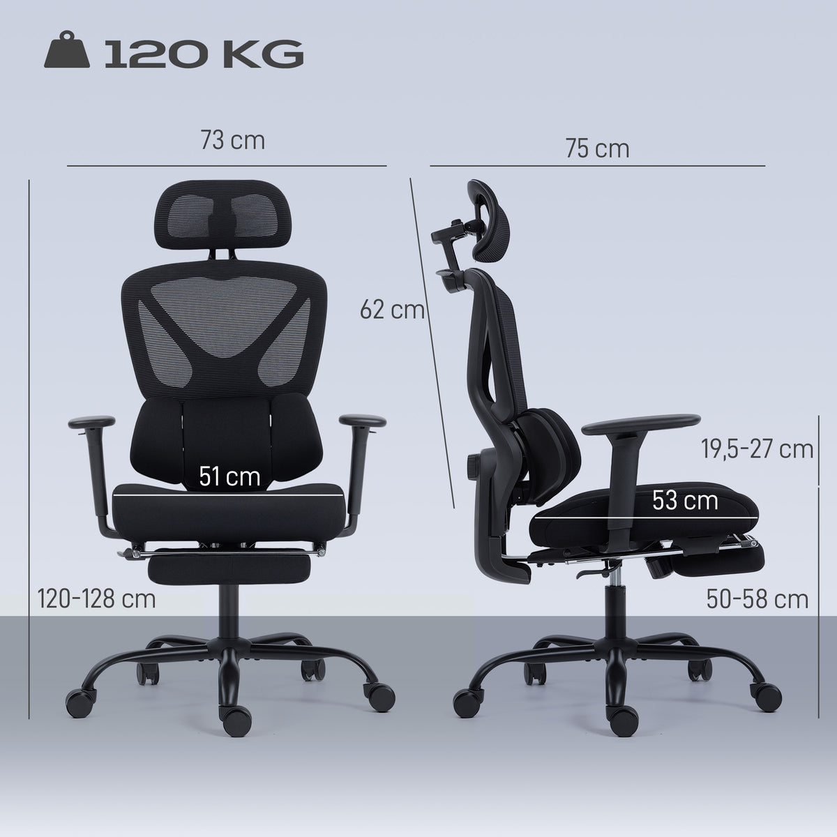 Chaise bureau ergonomique, fauteuil de bureau avec soutien lombaire dynamique adaptatif, 73x75x120-128cm, noir-2