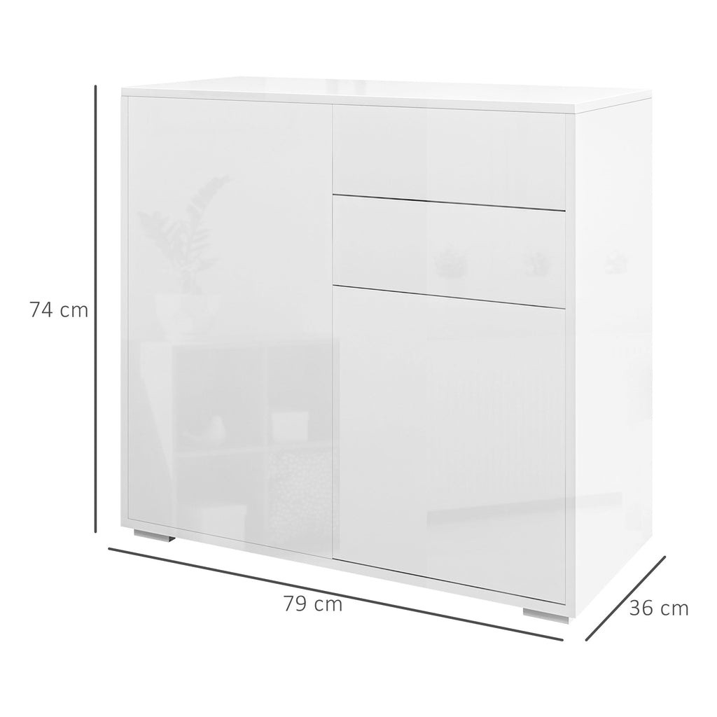 Commode Buffet Meuble de Rangement 2 tiroirs 2 Portes avec étagère 79 x 36 x 74 cm Blanc brillant-2
