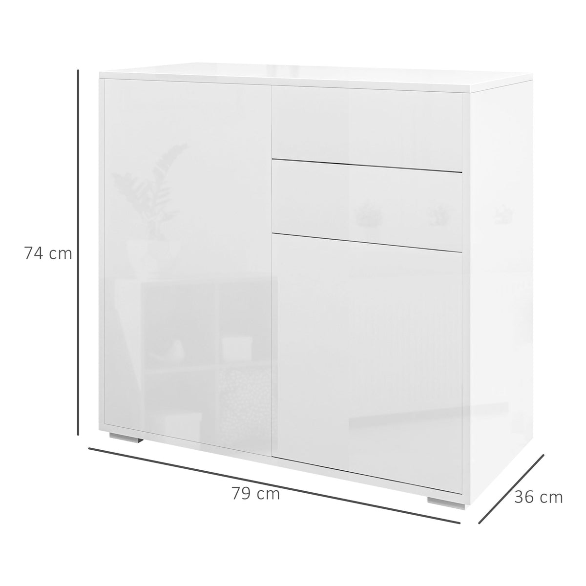 Commode Buffet Meuble de Rangement 2 tiroirs 2 Portes avec étagère 79 x 36 x 74 cm Blanc brillant-2