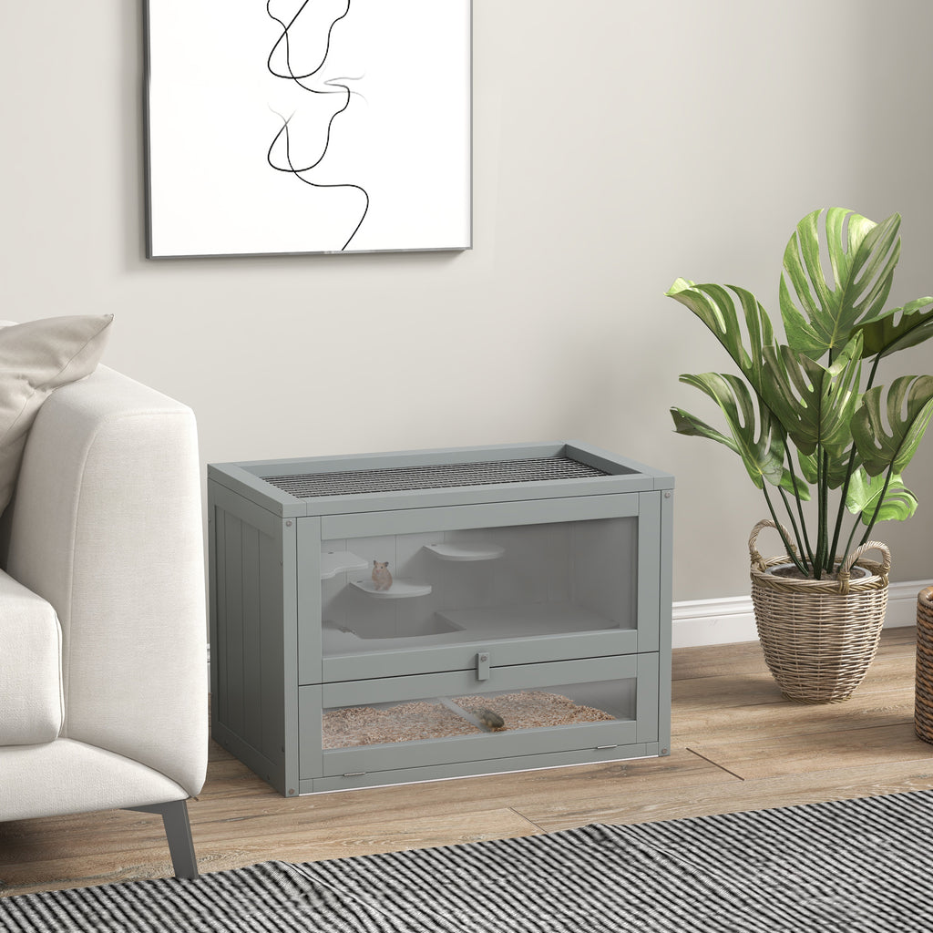 Cage pour hamsters souris petits rongeurs multi-équipements rampe plateformes toit ouvrant grillagé 60 x 35 x 42 cm gris-1