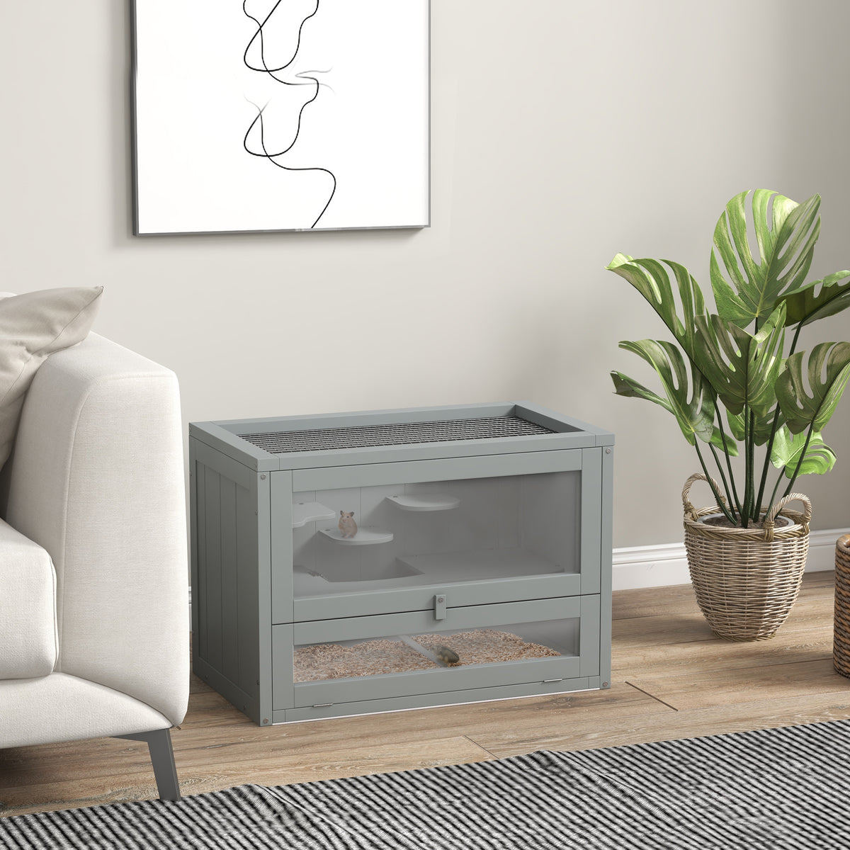 Cage pour hamsters souris petits rongeurs multi-équipements rampe plateformes toit ouvrant grillagé 60 x 35 x 42 cm gris-1