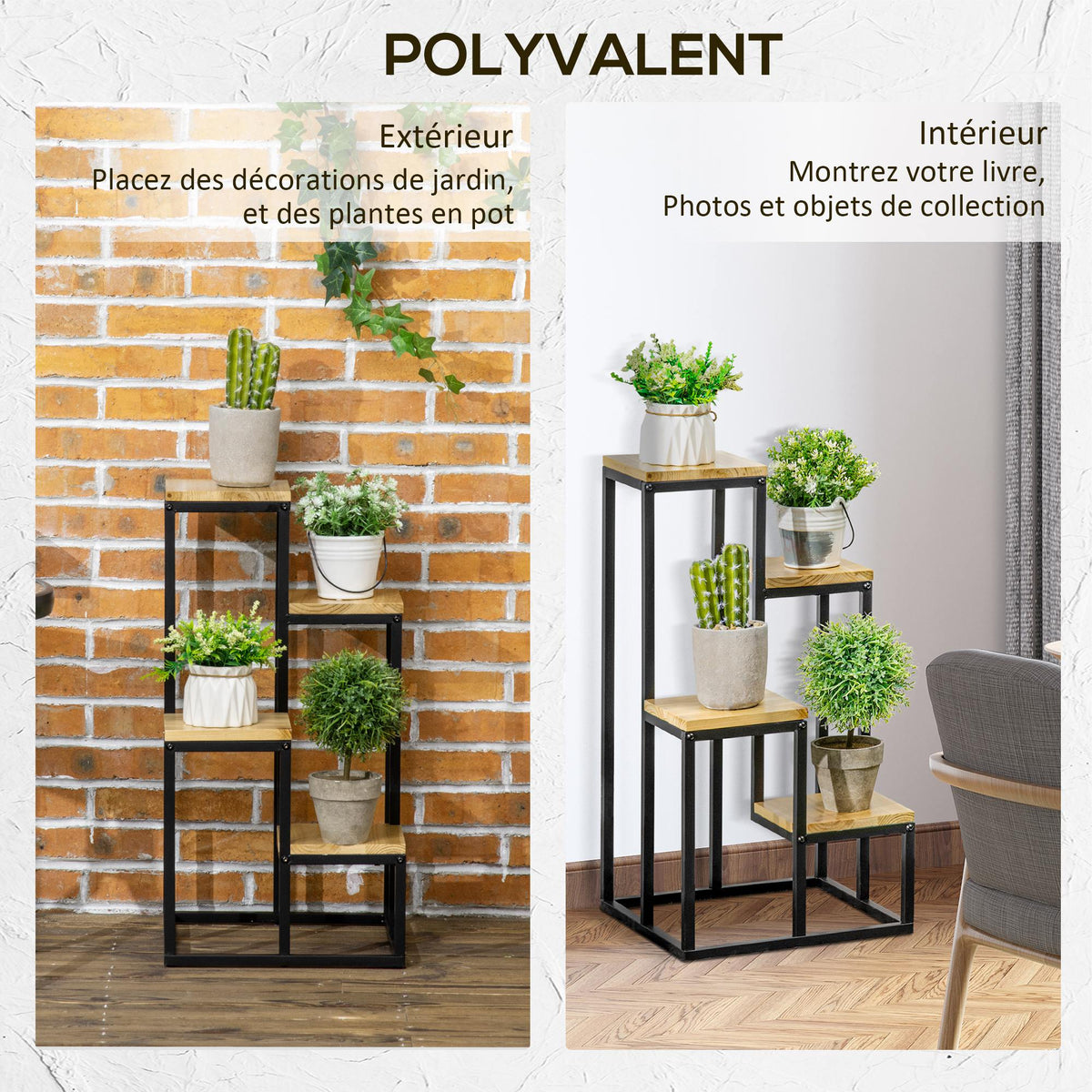 Étagère à plantes étagère à fleurs en métal et bois 4 niveaux de différentes hauteurs style industriel 34 x 34 x 66 cm-5