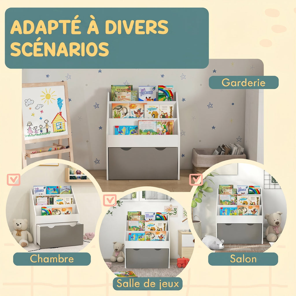 Bibliothèque pour enfants Multi-Rangement avec 3 niveaux d'étagères et un tiroir, 62,5L x 30l x 70H cm, gris et blanc-6