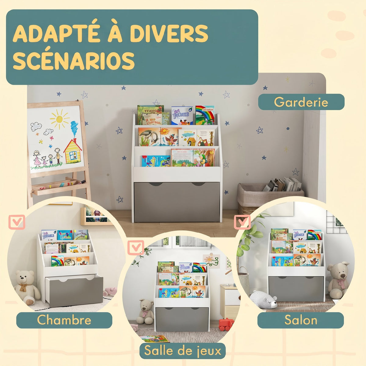 Bibliothèque pour enfants Multi-Rangement avec 3 niveaux d'étagères et un tiroir, 62,5L x 30l x 70H cm, gris et blanc-6