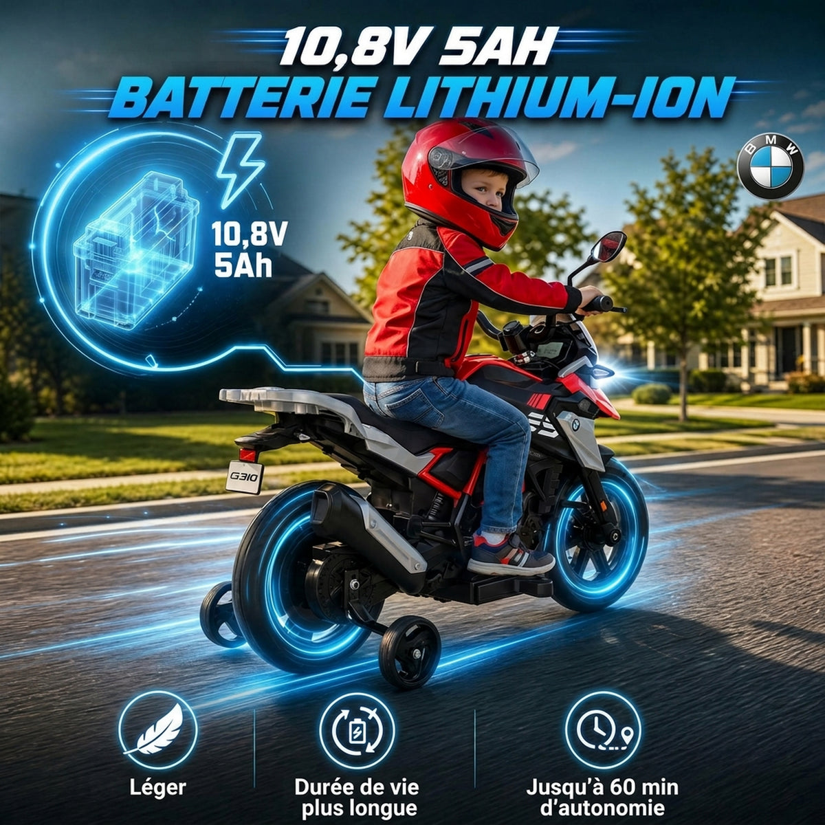 Moto Électrique pour Enfants 3-8 Ans BMW G310 GS 12V Batterie Lithium, 3-6 km/h, 102 x 62 x 73 cm, Rouge-4