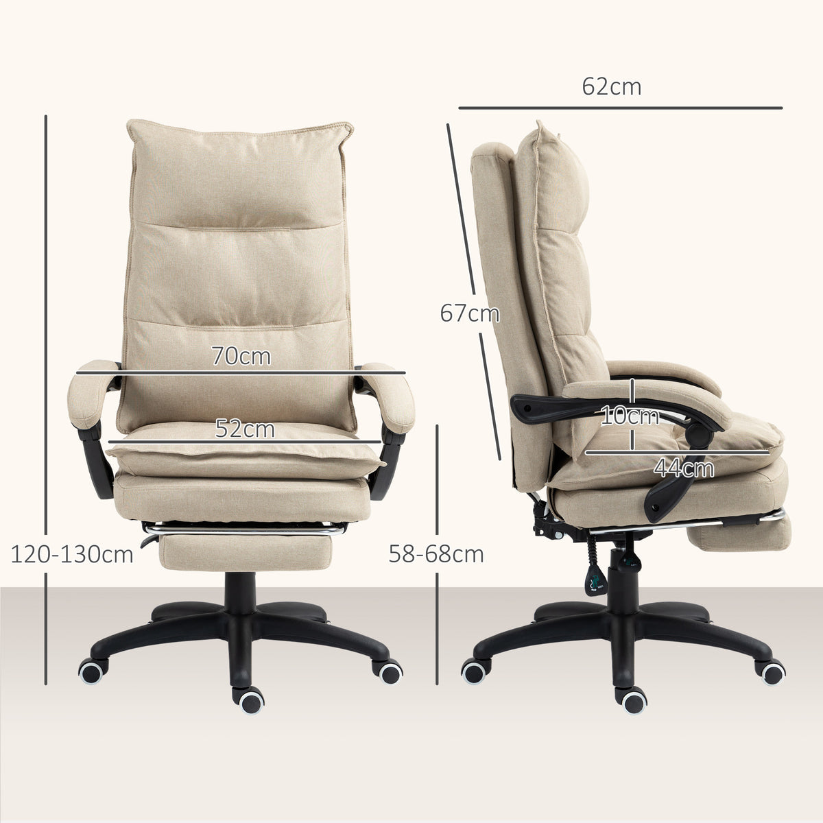 Fauteuil de bureau massant avec hauteur réglable, dossier inclinable, repose-pied intégré et télécommande filaire beige-2