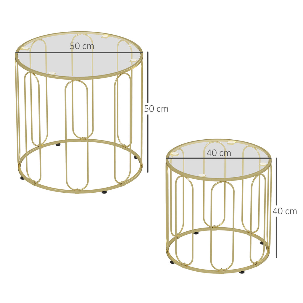 Lot de 2 tables basses gigognes rondes modernes avec cadre en métal et plateau en verre, ton doré-2