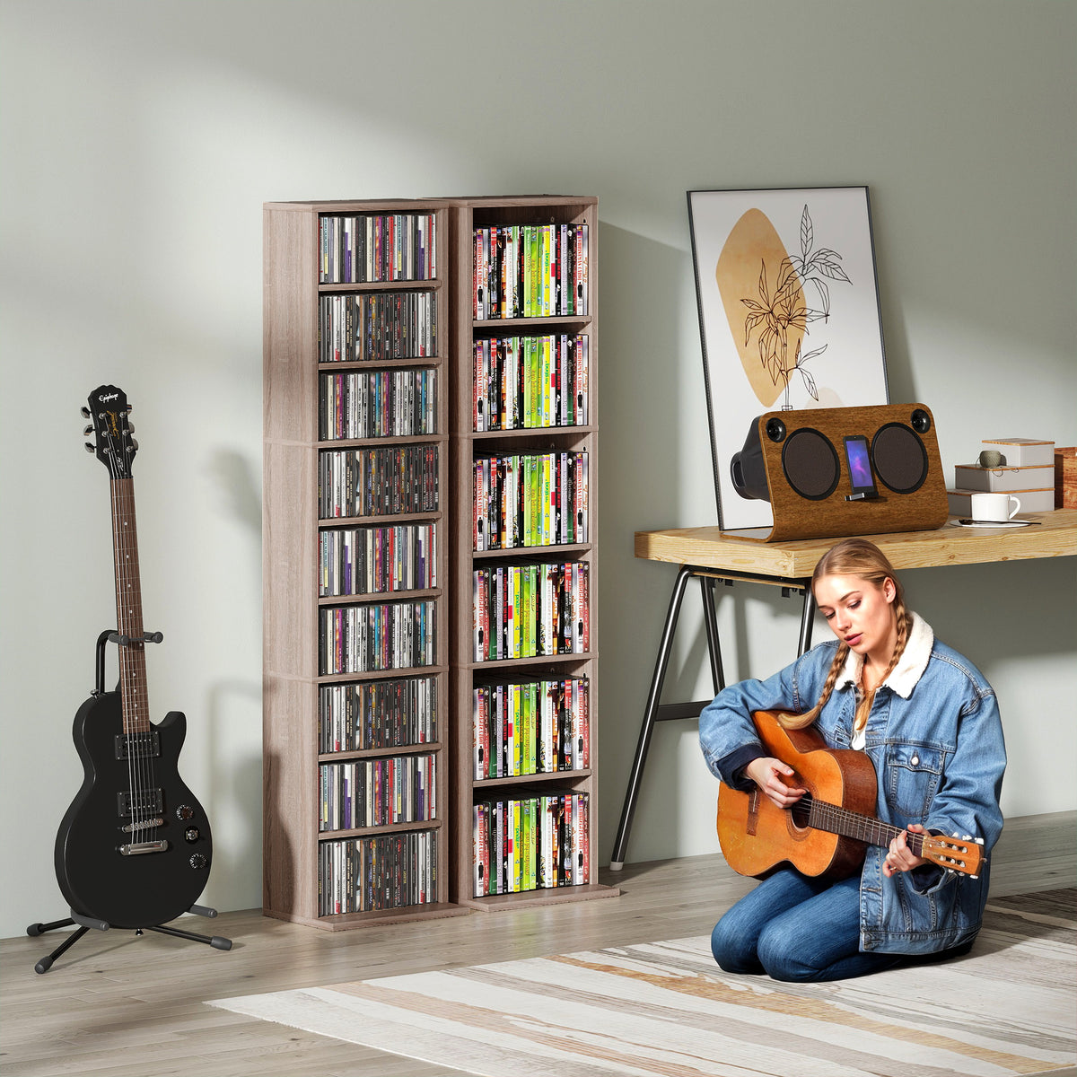 Rangements pour CD et DVD 9 compartiments et 6 étagères réglables capacité max. 260 CD/120 DVD 33 x 24 x 140 cm bois naturel-8