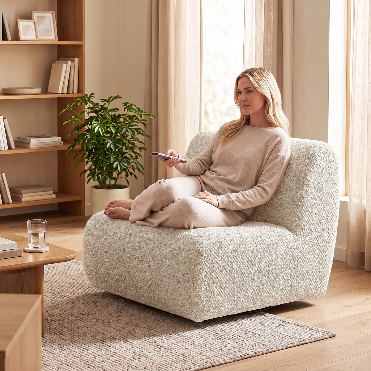 Fauteuil de salon pivotant 360°, canapé 1 place rembourré en chenille avec assise extra-large, rembourrage épais, beige-9