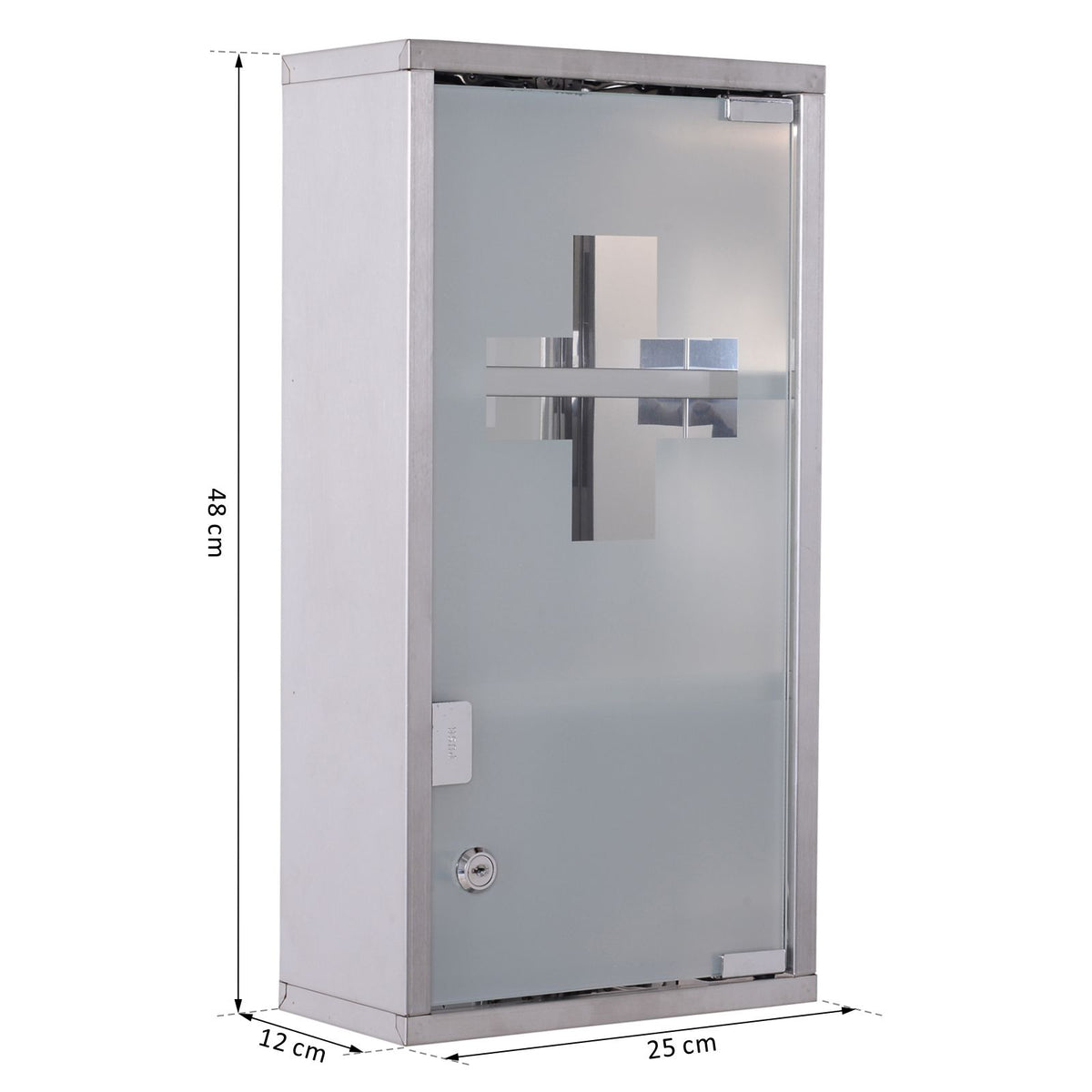 Armoire à Pharmacie 2 étagères 3 Niveaux verrouillable Porte Verre trempé dépoli Logo Croix 25L x 12l x 48H cm Acier INOX-2